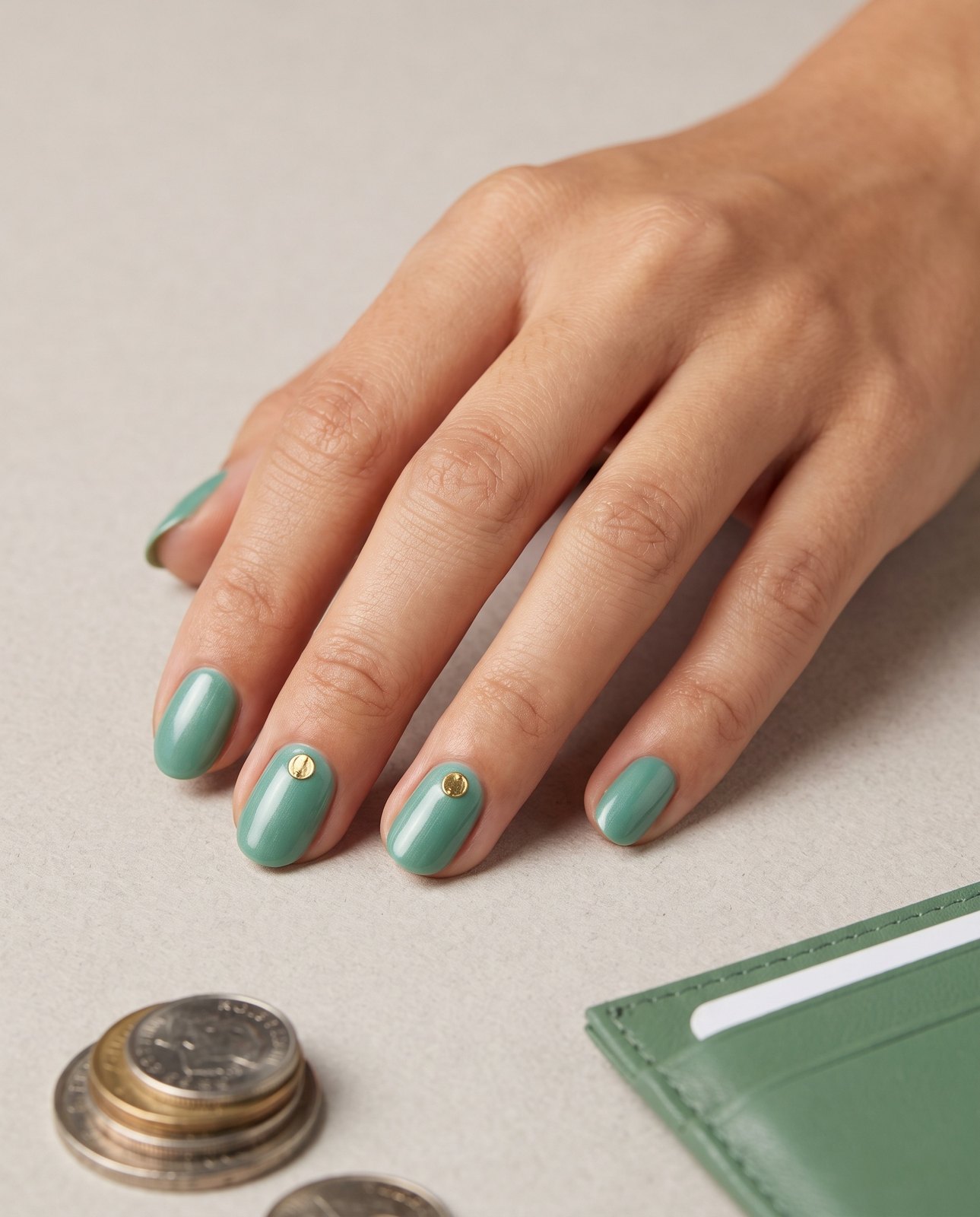 короткий овальный jade‑зелёный маникюр с золотыми круглыми акцентами на среднем и безымянном пальцах
